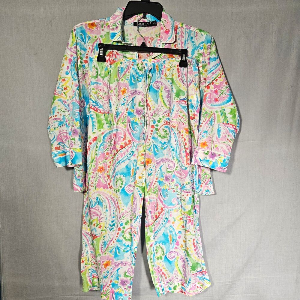 Lauren Ralph Lauren Pajama Set Womens M Multicolored Watercolor Paisley Cotton